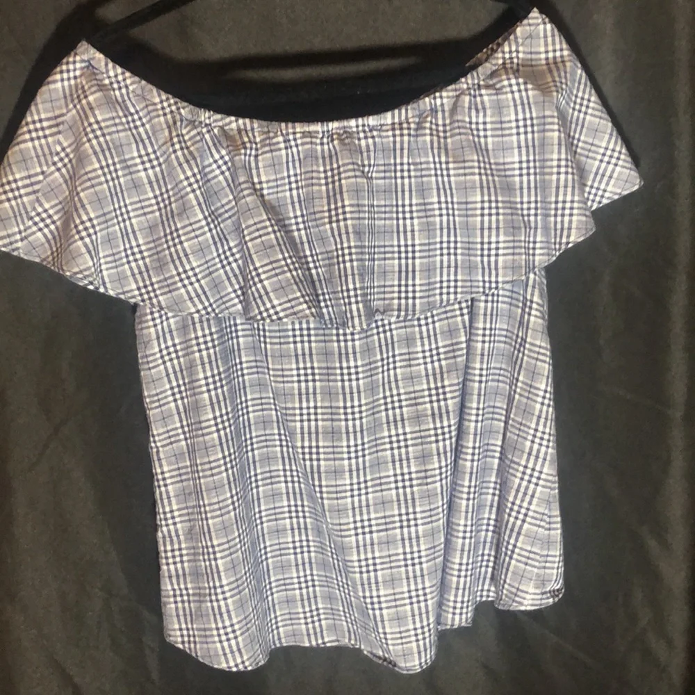 Michael Kors Women’s blue plaid off the shoulder cotton blouse